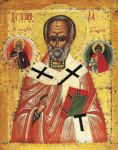 Николай Чудотворец со свтыми Илией Пророком и Георгием Победоносцем, 15 век